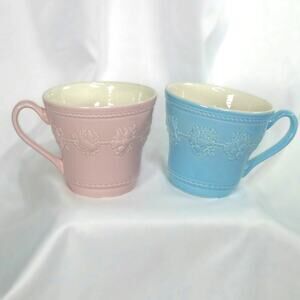 Wedgwood Festivity Porcelain Cups Set of 2 Pink Blue Embossed Floral Queensware